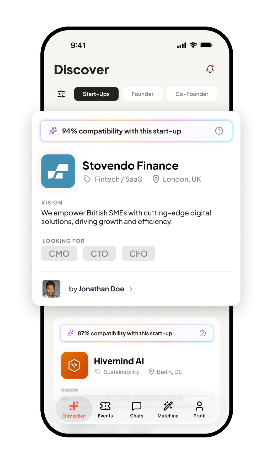 Vasper App – Discover Screen with founder cards and compatibility score